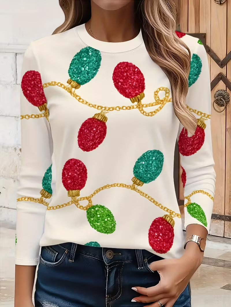 Women Christmas Long Sleeve Tee T-shirt Crew Neck Casual Spring/Fall Tunic Top