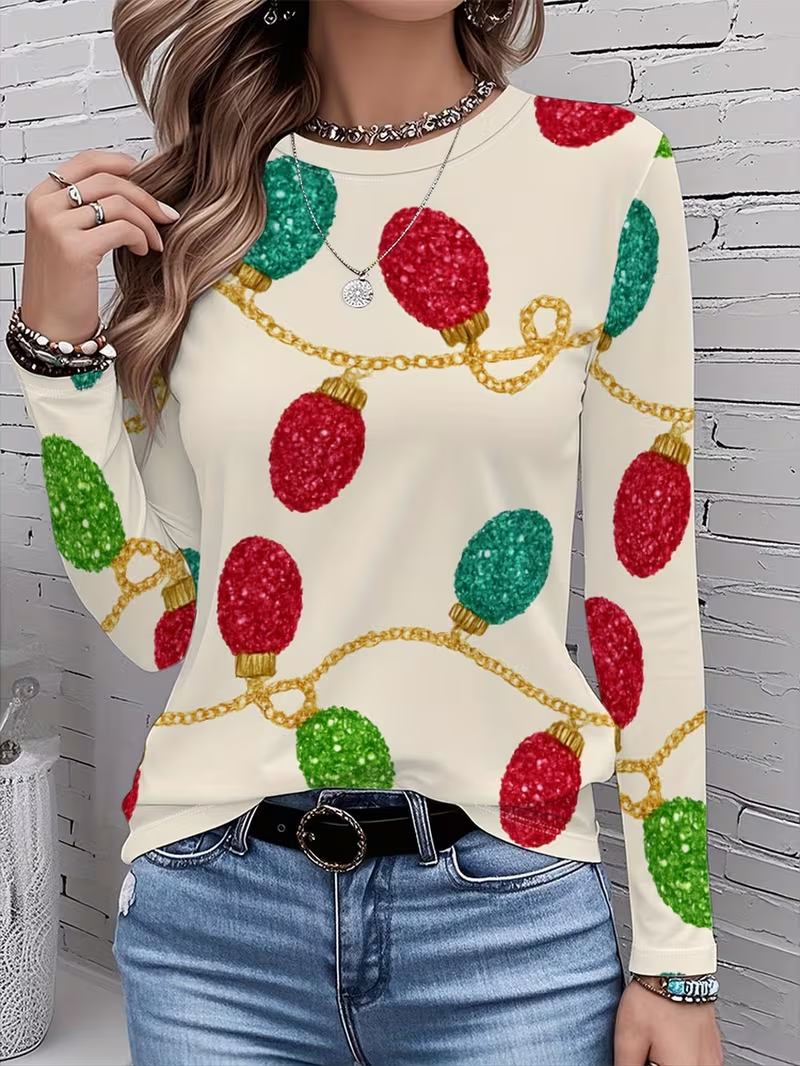 Women Christmas Long Sleeve Tee T-shirt Crew Neck Casual Spring/Fall Tunic Top