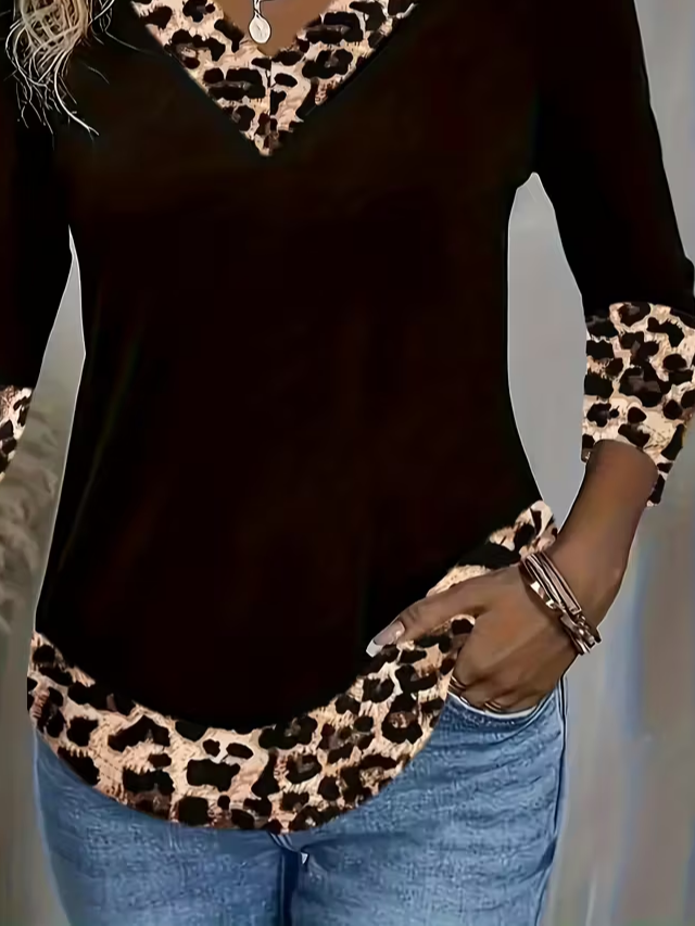 Women Leopard Long Sleeve Tee T-shirt V Neck Printing Casual Spring/Fall Graphic Tee Top
