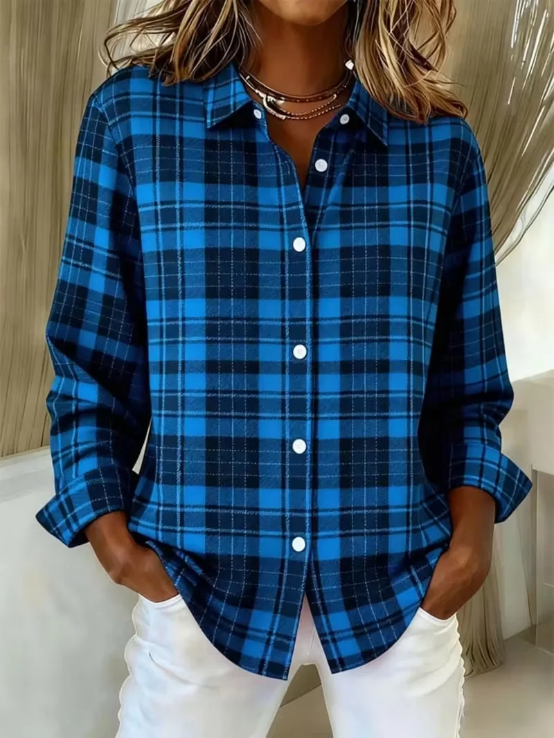 Women Plaid Long Sleeve Shirt Spring/Fall Buckle Shirt Collar Regular Sleeve Daily Casual Top