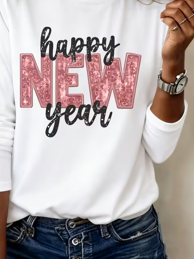 Women Text Letters Long Sleeve Tee T-shirt Crew Neck Casual Spring/Fall Tunic Top