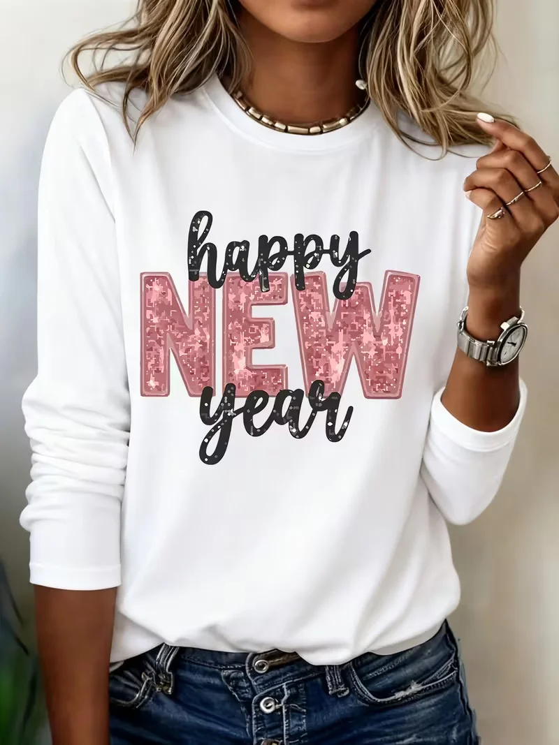 Women Text Letters Long Sleeve Tee T-shirt Crew Neck Casual Spring/Fall Tunic Top