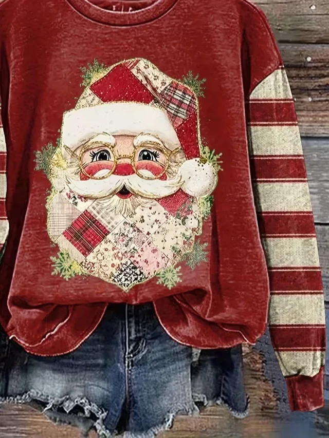 Women Striped Crew Neck Printing Casual Spring/Fall Long Sleeve Sweatshirt