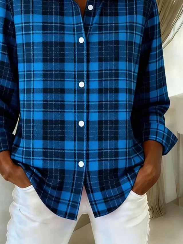 Women Plaid Long Sleeve Shirt Spring/Fall Buckle Shirt Collar Regular Sleeve Daily Casual Top