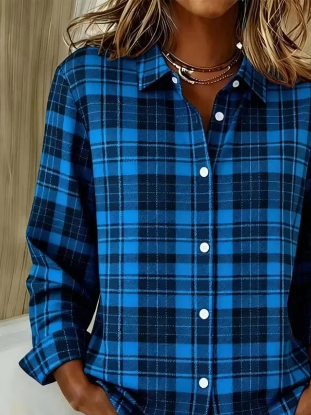 Women Plaid Long Sleeve Shirt Spring/Fall Buckle Shirt Collar Regular Sleeve Daily Casual Top