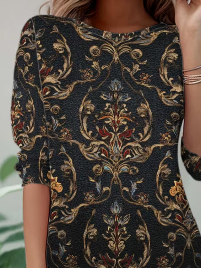 Women Abstract Long Sleeve Tee T-shirt Crew Neck Casual Spring/Fall Tunic Top