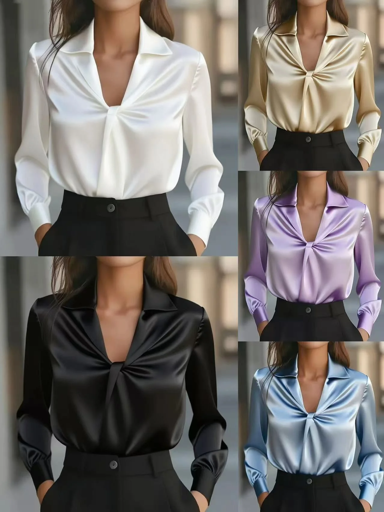 Women Plain Long Sleeve Shirt Spring/Fall Split Joint Shawl Collar Daily Casual Top