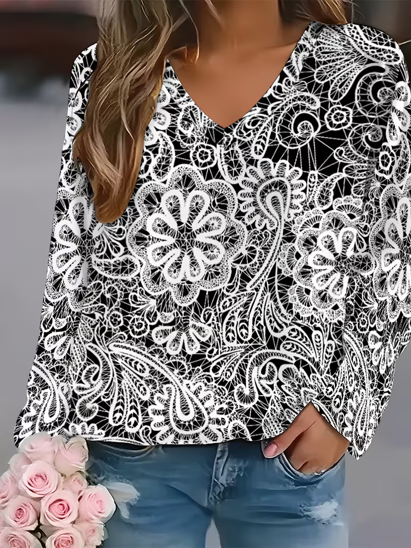 Women Floral Long Sleeve Tee T-shirt V Neck Printing Casual Spring/Fall Graphic Tee Top