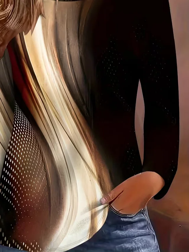 Women Abstract Long Sleeve Tee T-shirt Crew Neck Printing Casual Spring/Fall Graphic Tee Top