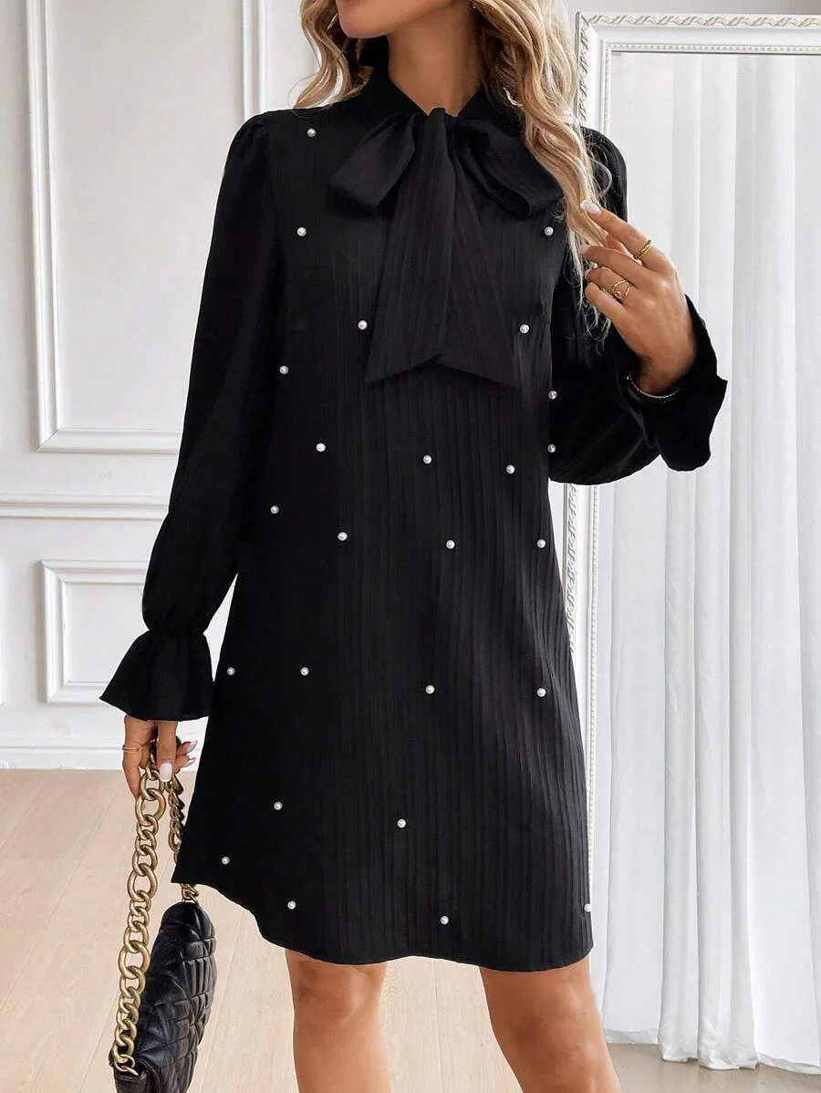 Women Plain Long Sleeve Spring/Fall Beaded Dress Lotus Leaf Collar Daily Casual Mini Fit & Flare Dress A-Line Dress
