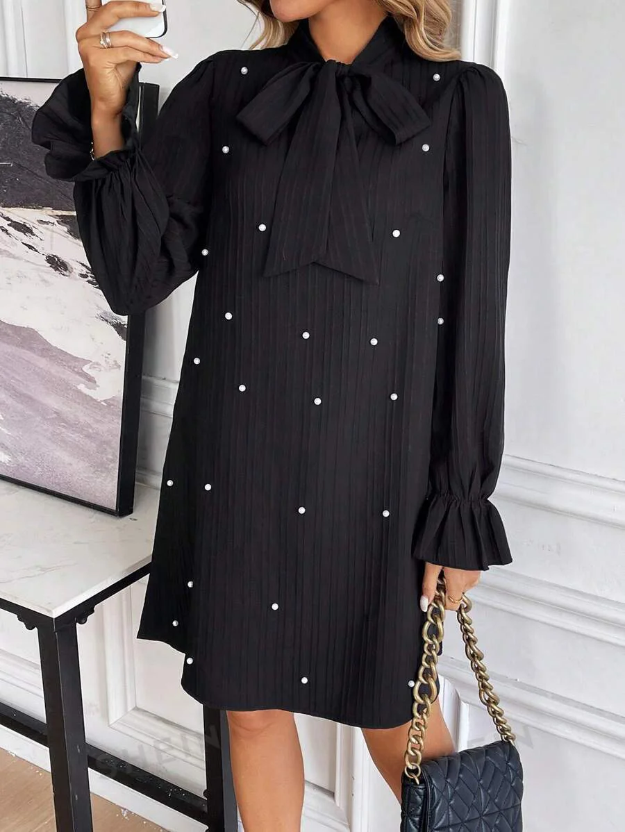 Women Plain Long Sleeve Spring/Fall Beaded Dress Lotus Leaf Collar Daily Casual Mini Fit & Flare Dress A-Line Dress