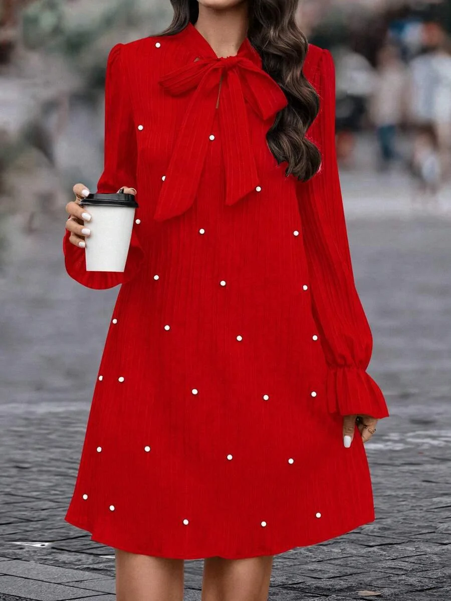 Women Plain Long Sleeve Spring/Fall Beaded Dress Lotus Leaf Collar Daily Casual Mini Fit & Flare Dress A-Line Dress