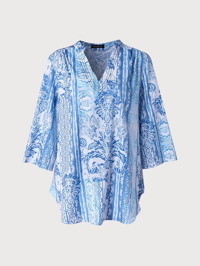 JFN V Neck Tribal Vacation 3/4 Sleeve Boho Blouse