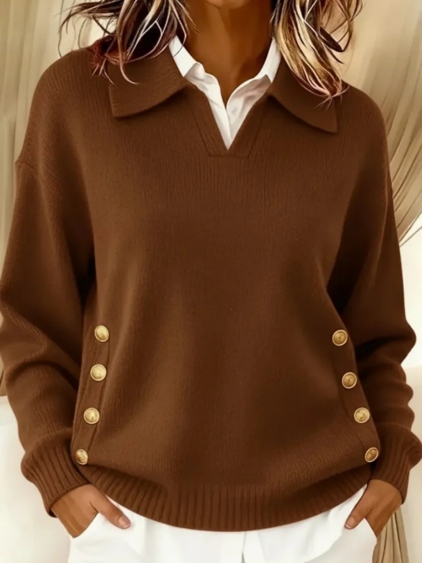 Women Plain Split Joint Winter Street Long Sleeve Shawl Collar Cotton Sweater