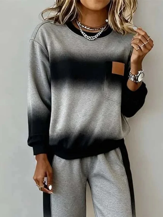 Women Ombre Printing Two-Piece Set Daily Long Sleeve Casual Spring/Fall Top With Pants Matching Set