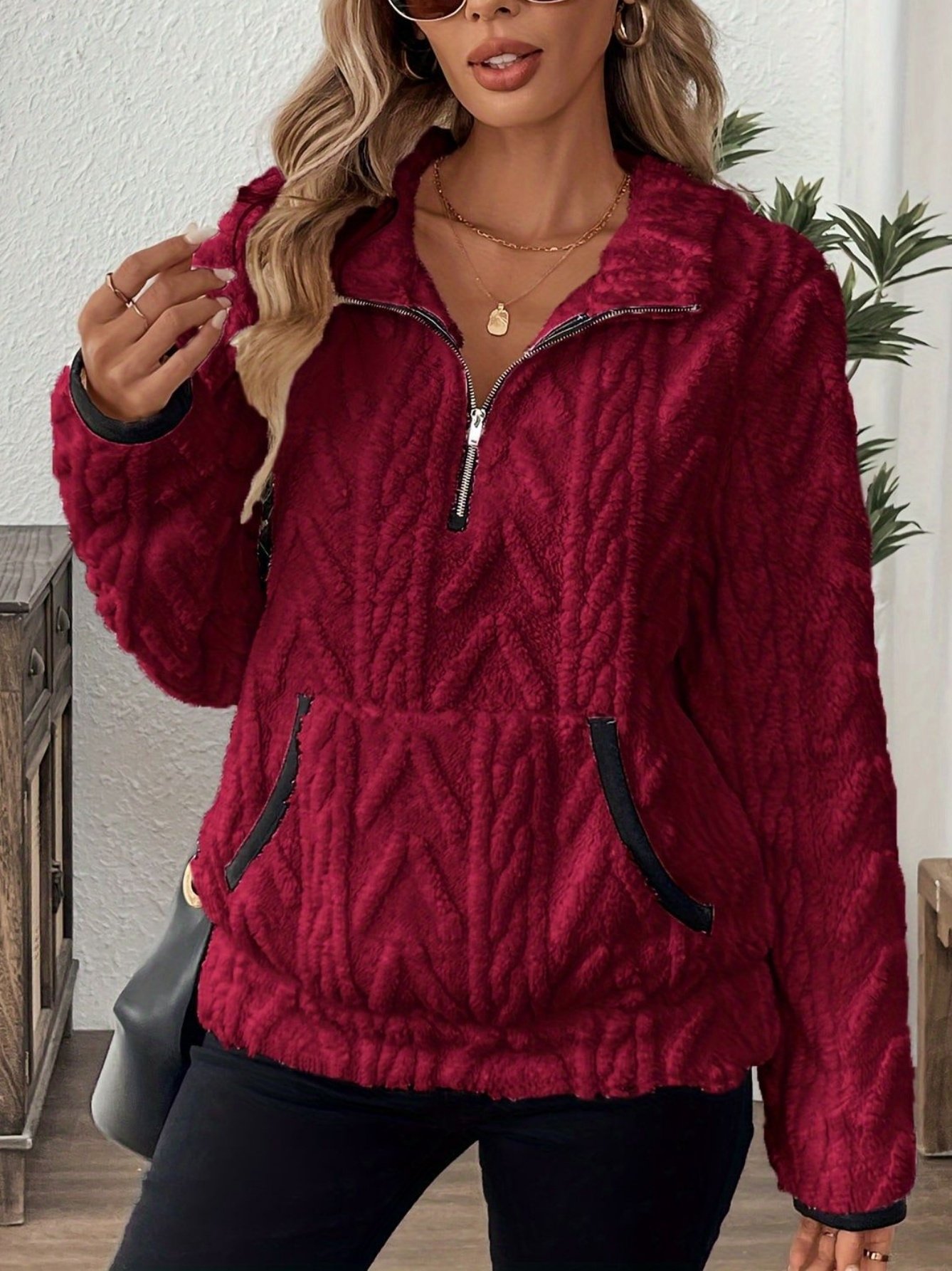 Women Plain Stand Collar Jacquard Casual Spring/Fall Long Sleeve Sweatshirt