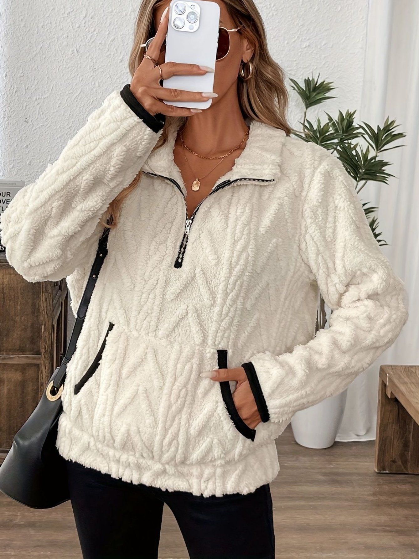 Women Plain Stand Collar Jacquard Casual Spring/Fall Long Sleeve Sweatshirt
