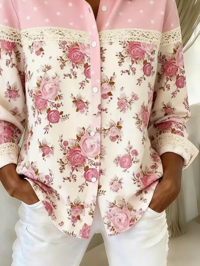 Women Floral Long Sleeve Shirt Spring/Fall Buckle Shirt Collar Regular Sleeve Daily Casual Top