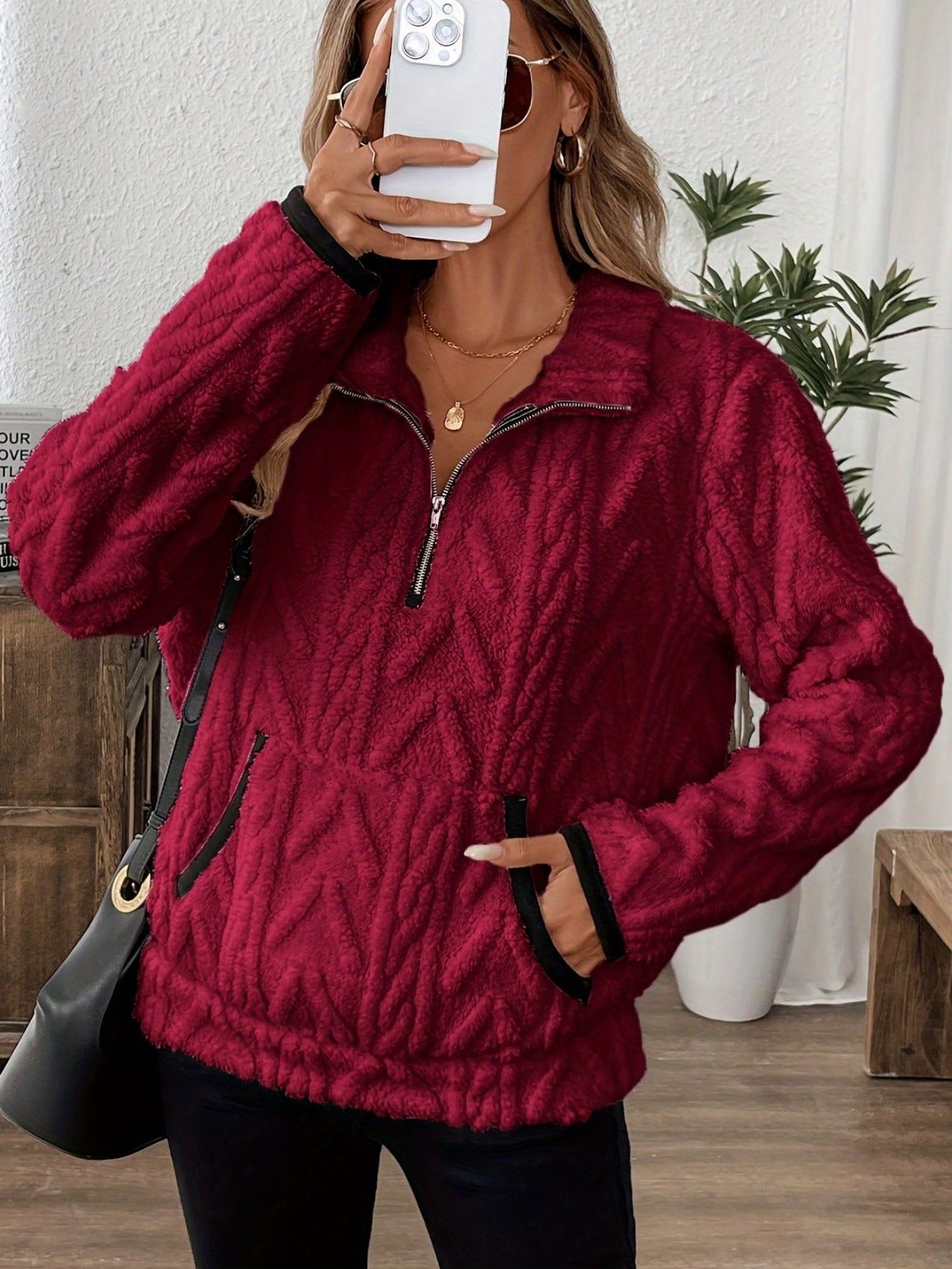 Women Plain Stand Collar Jacquard Casual Spring/Fall Long Sleeve Sweatshirt