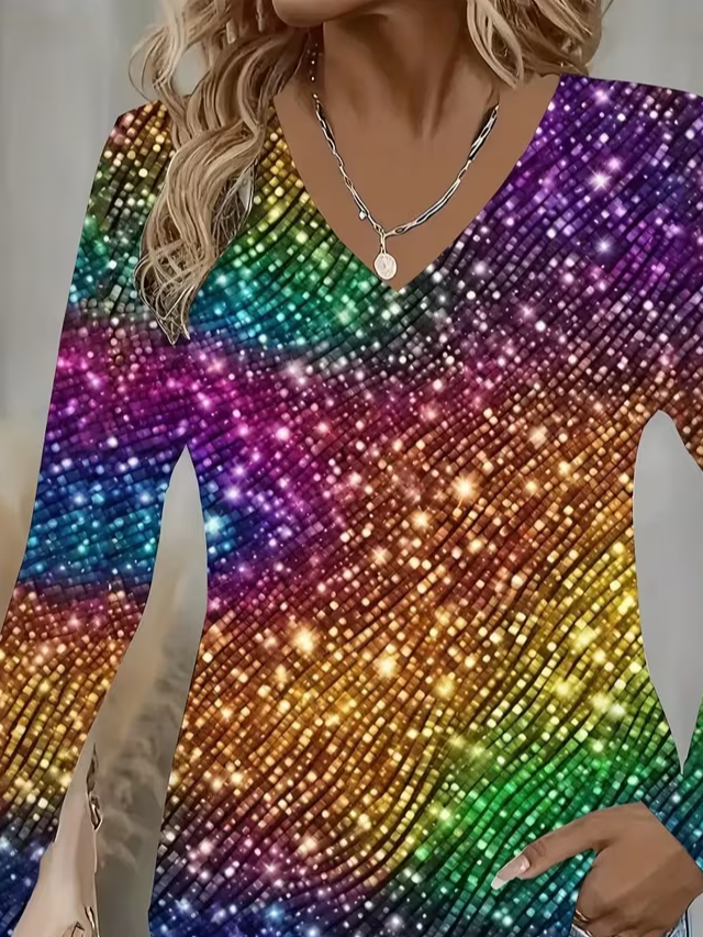 Women Abstract Long Sleeve Tee T-shirt V Neck Printing Casual Spring/Fall Graphic Tee Top