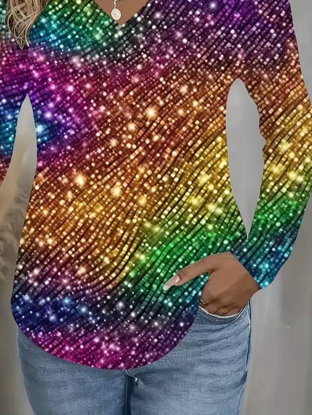 Women Abstract Long Sleeve Tee T-shirt V Neck Printing Casual Spring/Fall Graphic Tee Top