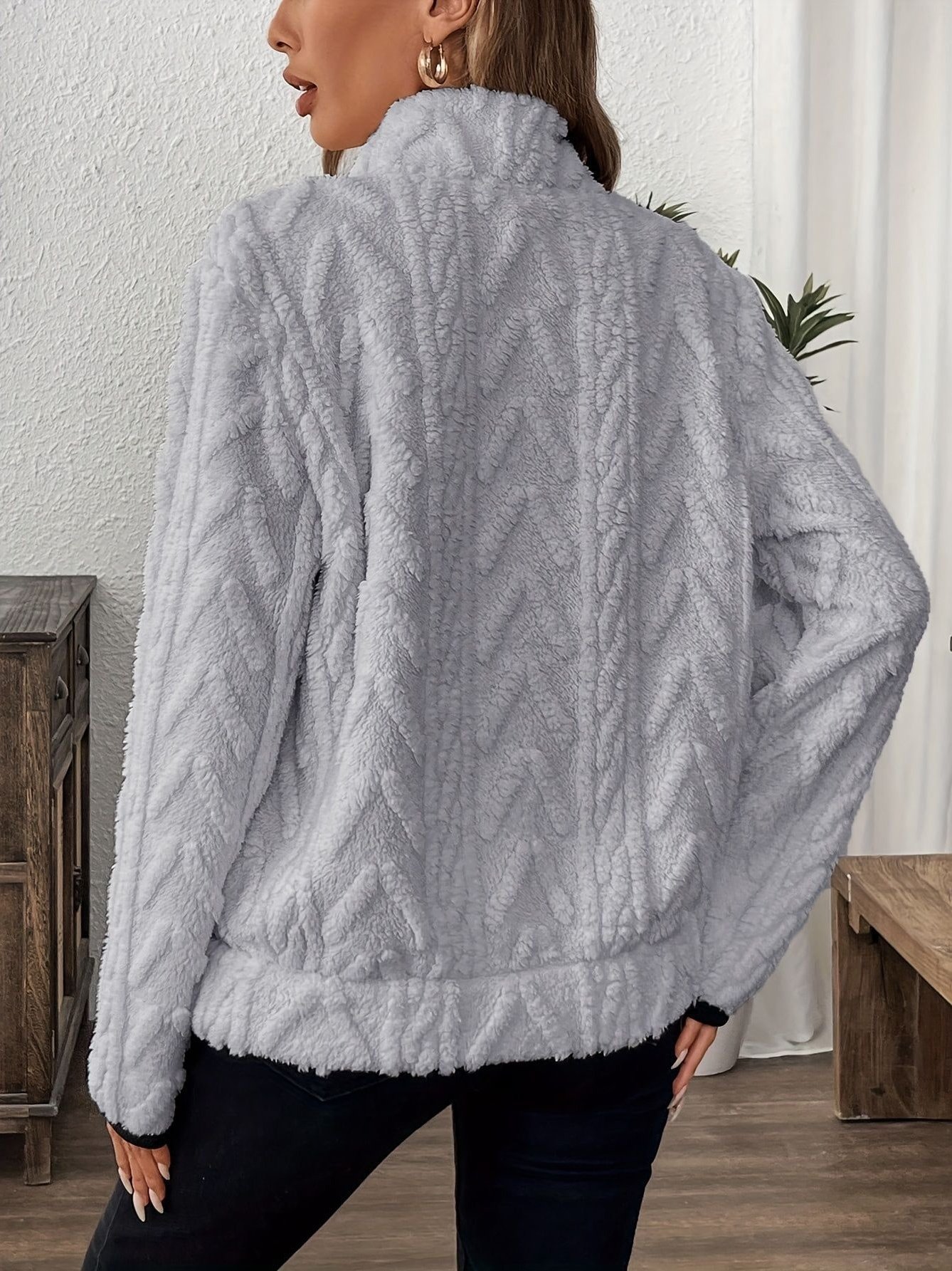 Women Plain Stand Collar Jacquard Casual Spring/Fall Long Sleeve Sweatshirt