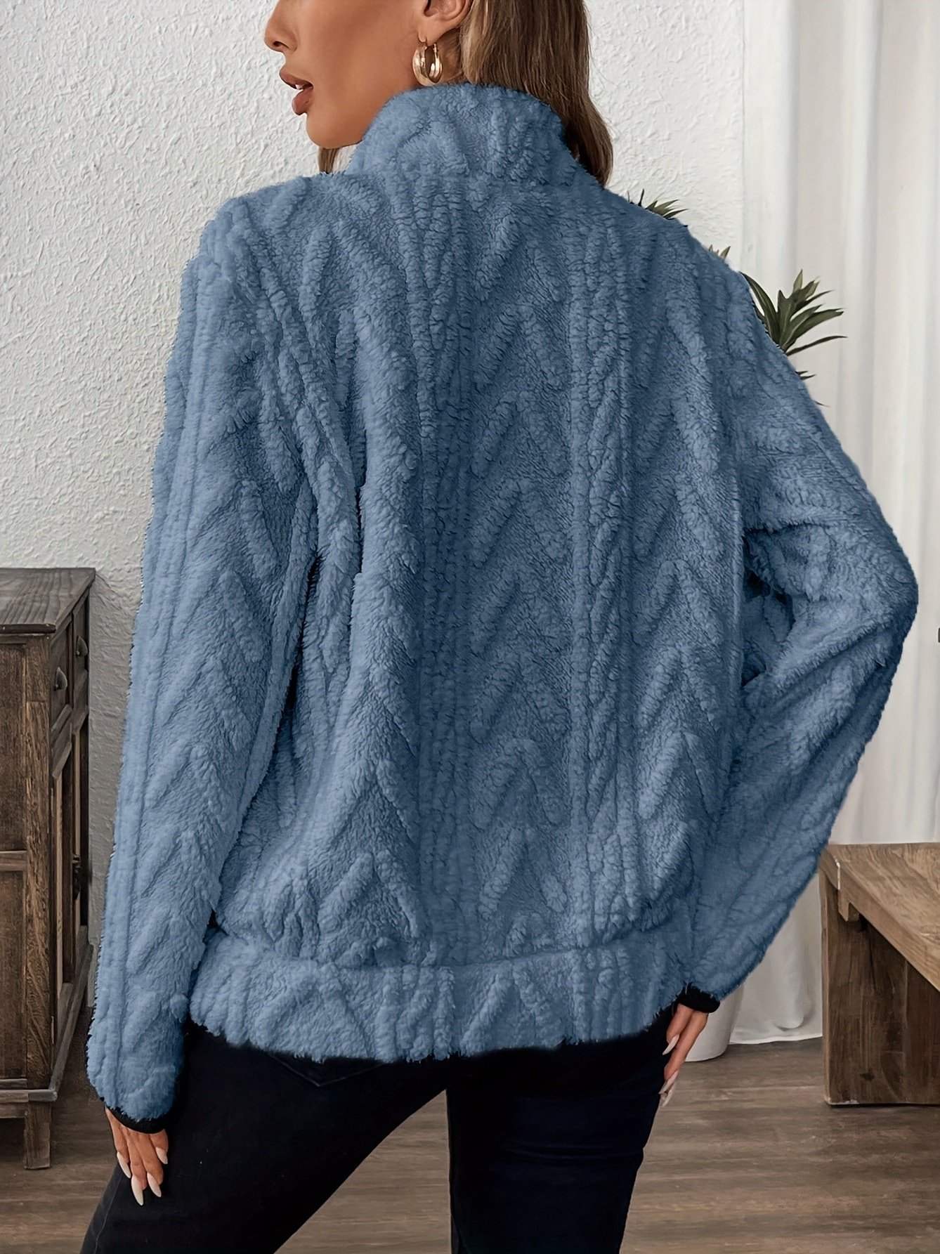 Women Plain Stand Collar Jacquard Casual Spring/Fall Long Sleeve Sweatshirt