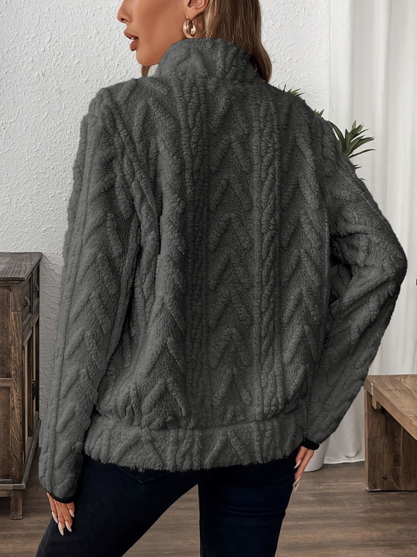 Women Plain Stand Collar Jacquard Casual Spring/Fall Long Sleeve Sweatshirt