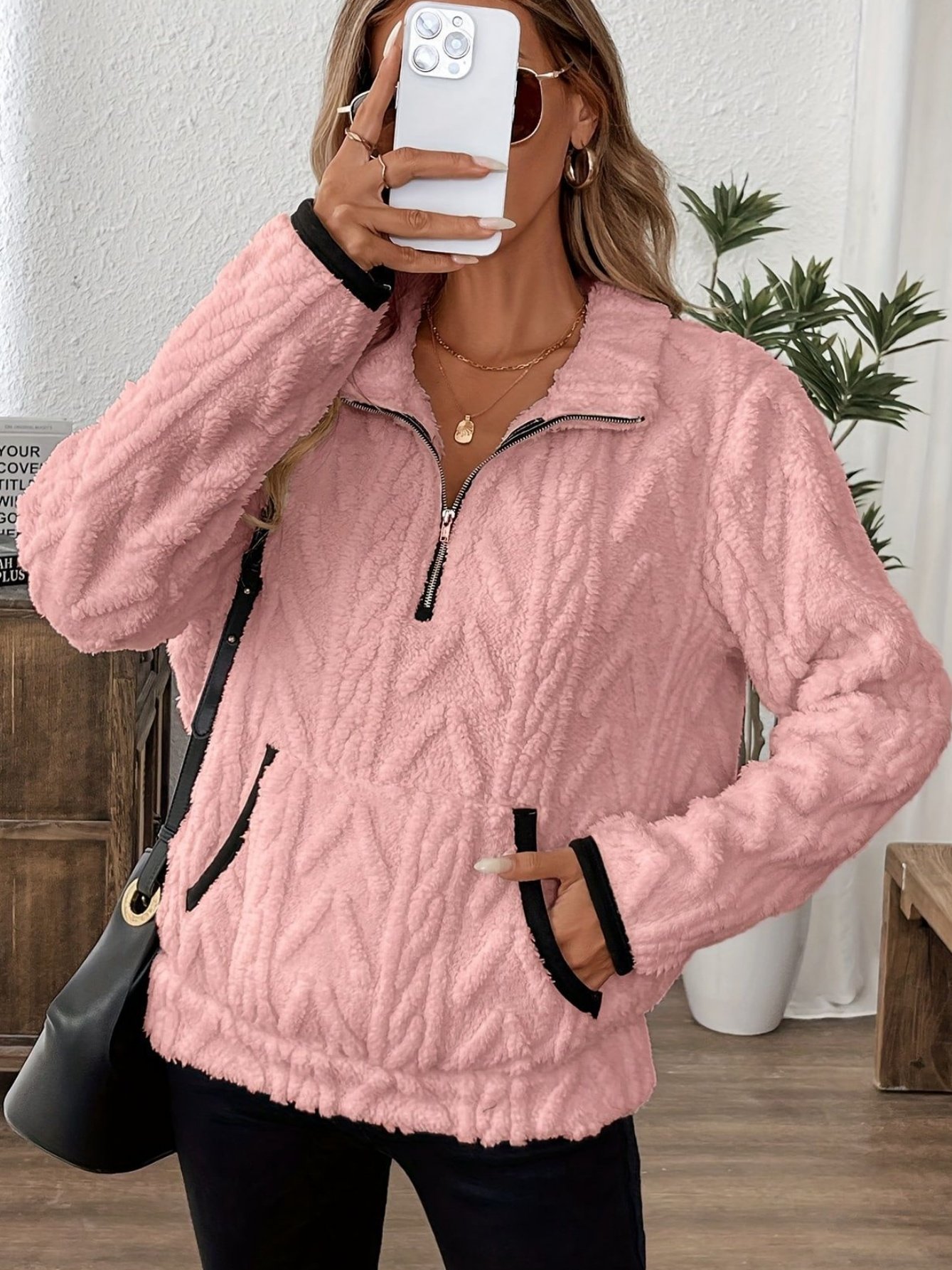 Women Plain Stand Collar Jacquard Casual Spring/Fall Long Sleeve Sweatshirt