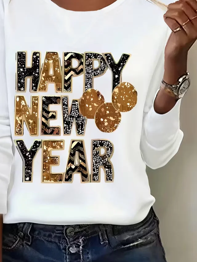 Women Text Letters Long Sleeve Tee T-shirt Crew Neck Casual Spring/Fall Tunic Top