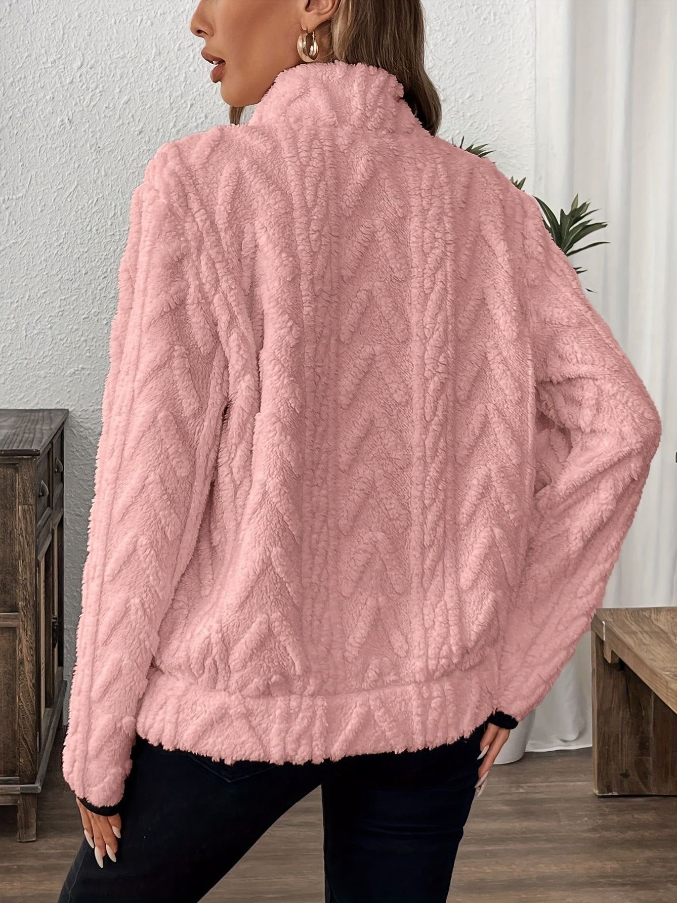 Women Plain Stand Collar Jacquard Casual Spring/Fall Long Sleeve Sweatshirt