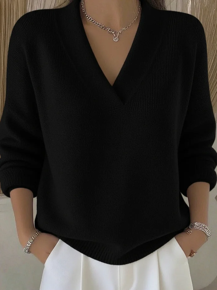 Women Plain Split Joint Spring/Fall Street Long Sleeve V Neck Cotton Sweater