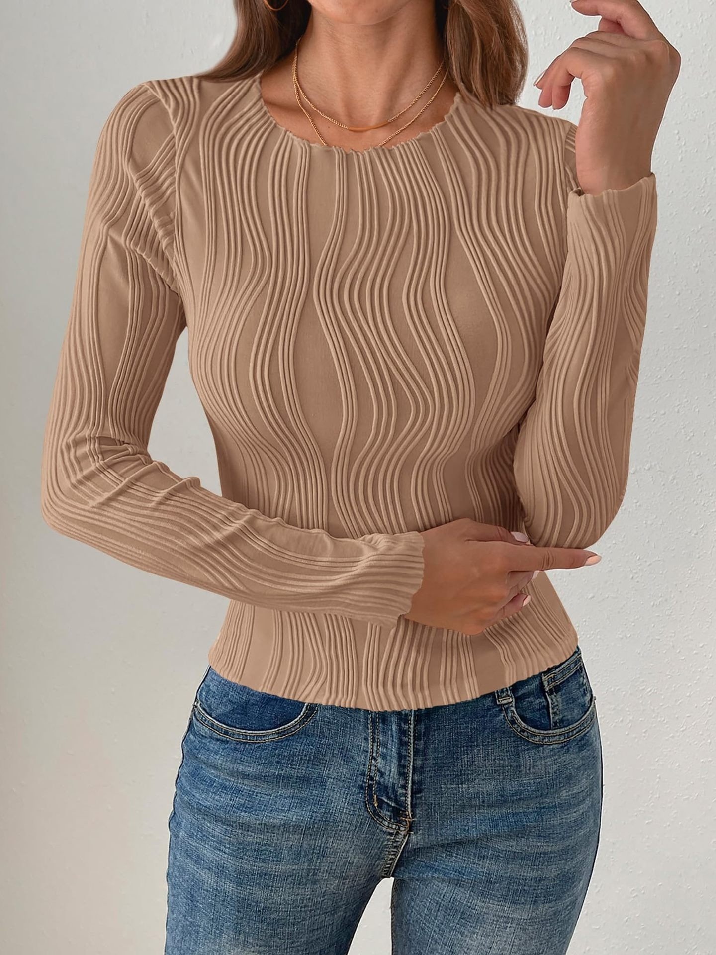 Women Striped Long Sleeve Tee T-shirt Crew Neck Jacquard Casual Spring/Fall Top