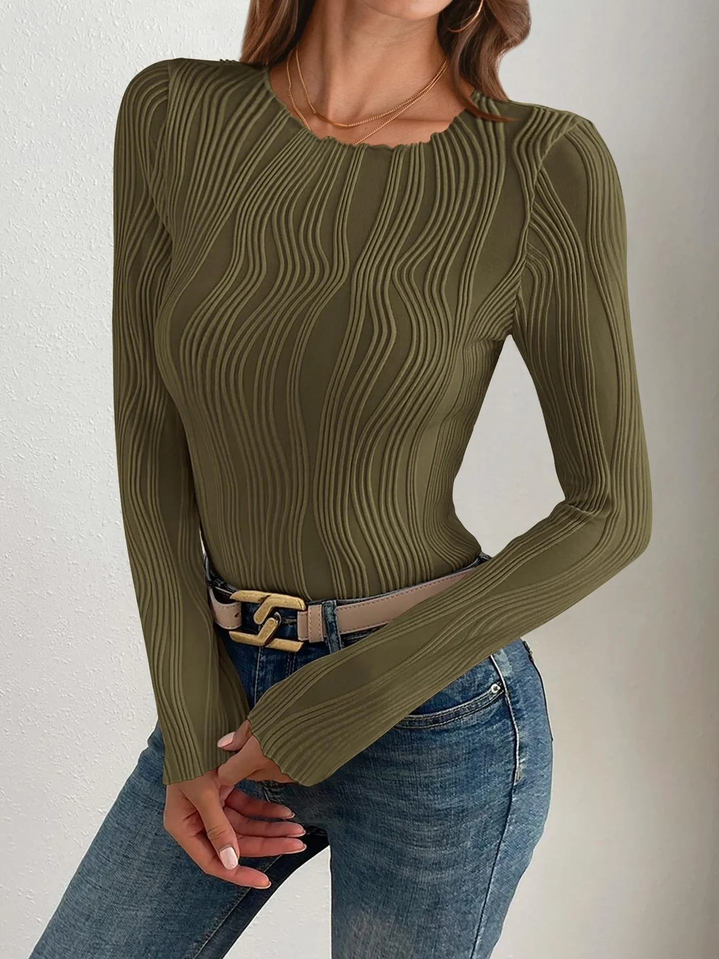 Women Striped Long Sleeve Tee T-shirt Crew Neck Jacquard Casual Spring/Fall Top