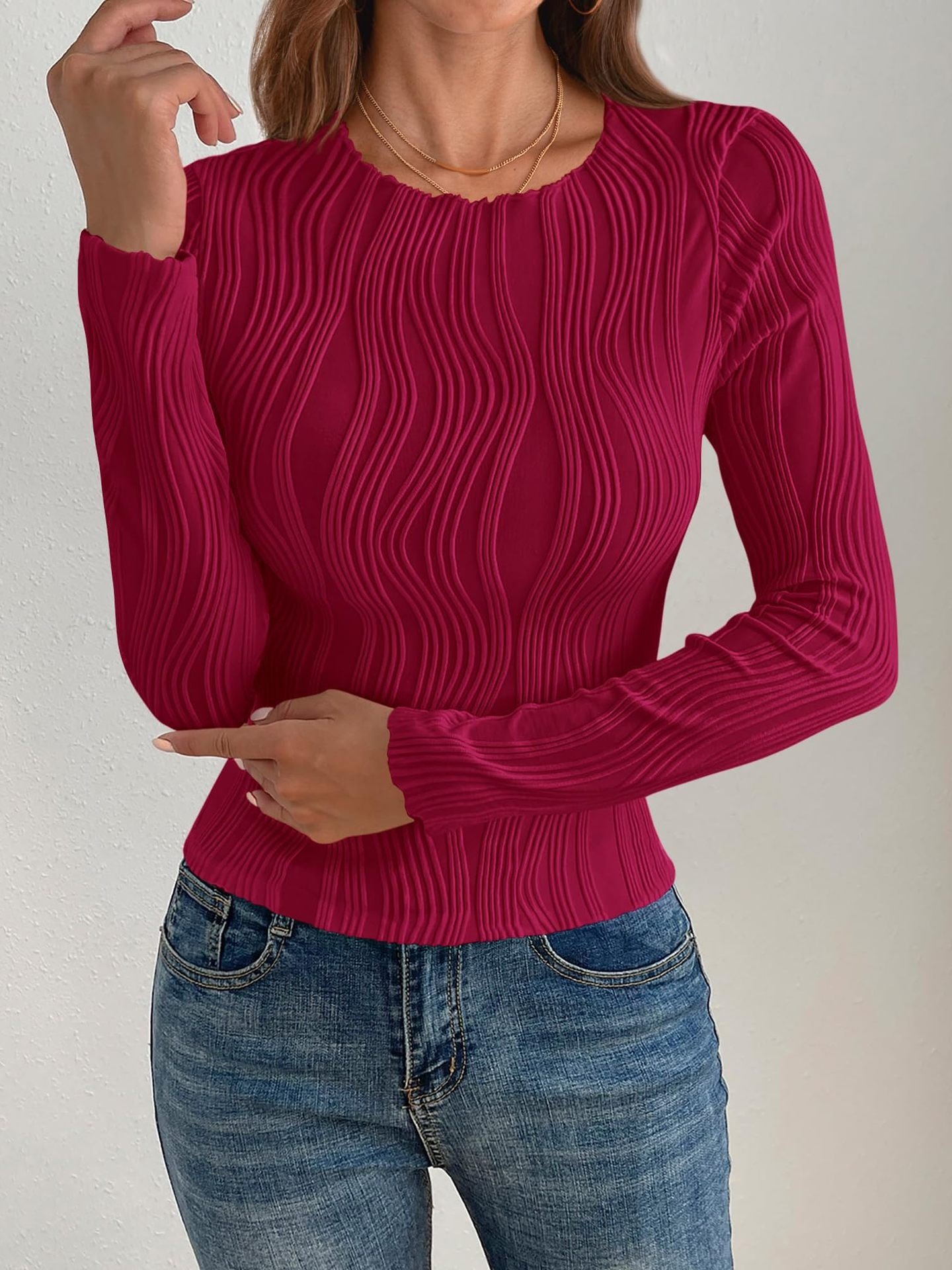 Women Striped Long Sleeve Tee T-shirt Crew Neck Jacquard Casual Spring/Fall Top