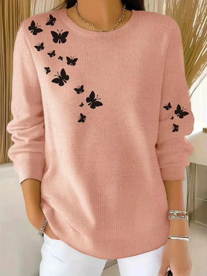 Women Butterfly Printing Spring/Fall Casual Long Sleeve Crew Neck Sweater