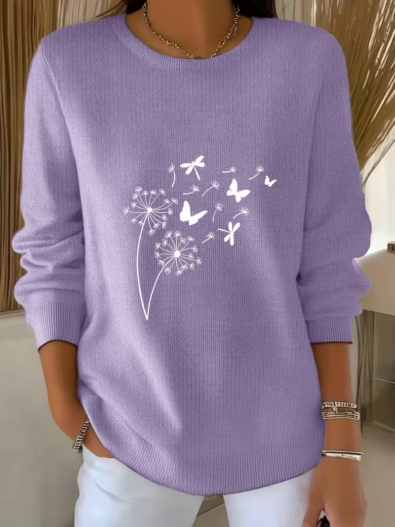 Women Floral Printing Spring/Fall Casual Long Sleeve Crew Neck Sweater