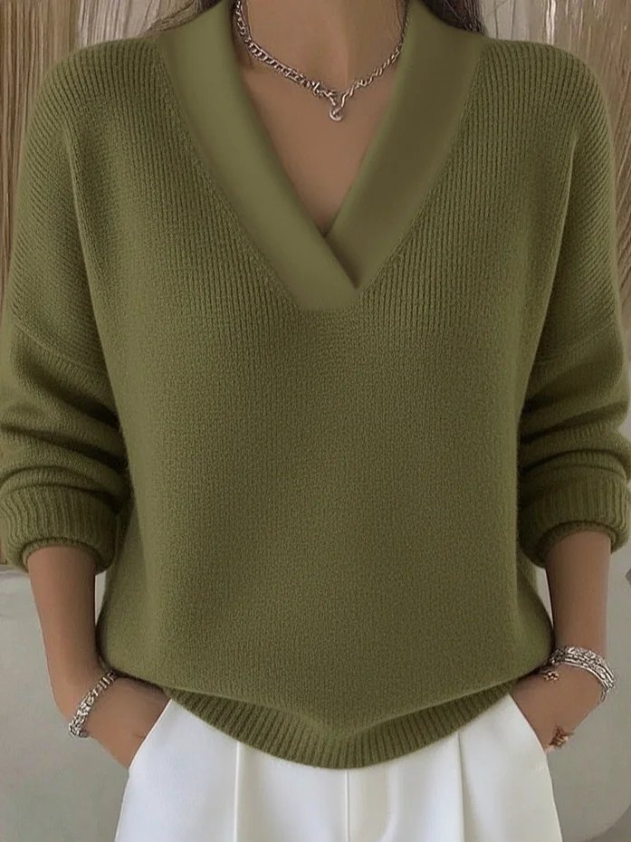 Women Plain Split Joint Spring/Fall Street Long Sleeve V Neck Cotton Sweater