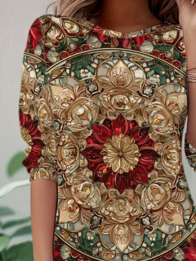 Women Abstract Long Sleeve Tee T-shirt Crew Neck Casual Spring/Fall Tunic Top