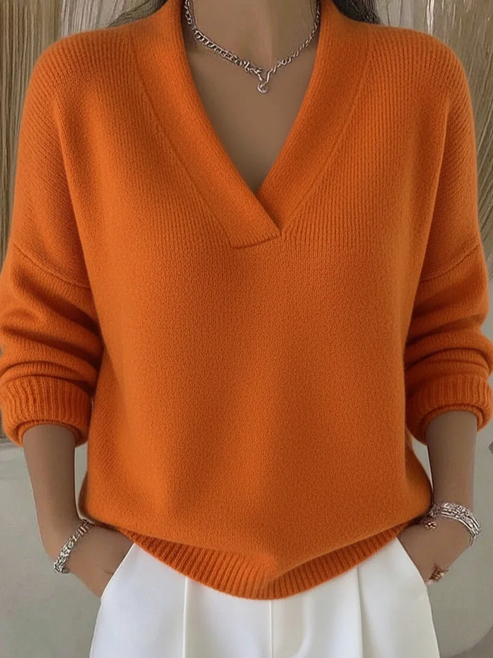 Women Plain Split Joint Spring/Fall Street Long Sleeve V Neck Cotton Sweater