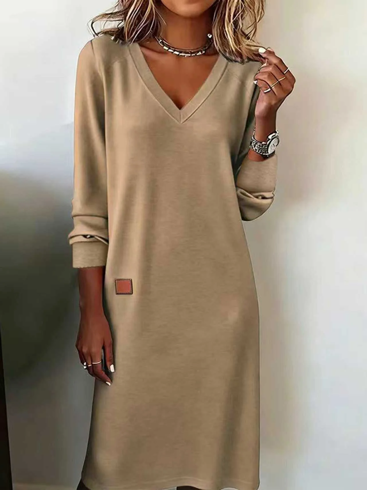 Women Plain Long Sleeve Spring/Fall Split Joint Dress V Neck Daily Casual Maxi T-Shirt Dress A-Line Dress
