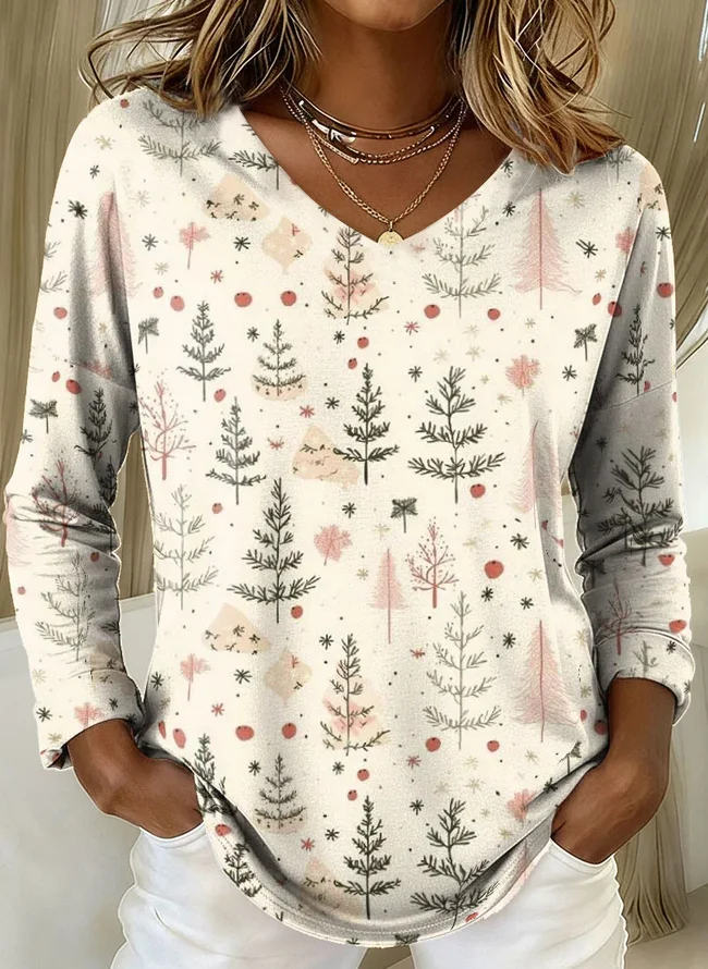 Women Christmas Long Sleeve Tee T-shirt V Neck Printing Casual Spring/Fall Graphic Tee Top