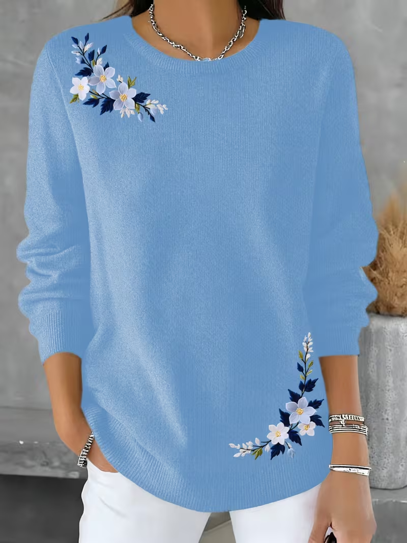 Women Floral Printing Spring/Fall Casual Long Sleeve Crew Neck Sweater