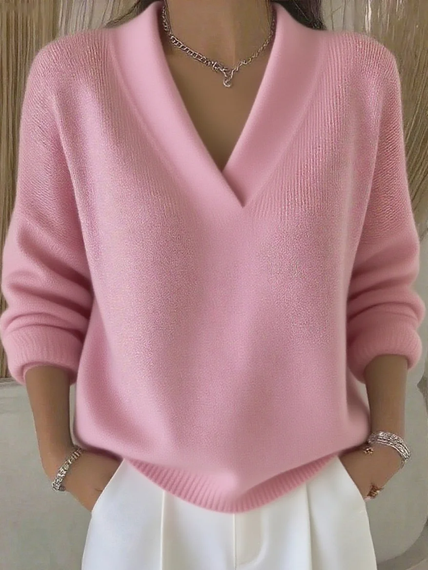 Women Plain Split Joint Spring/Fall Street Long Sleeve V Neck Cotton Sweater