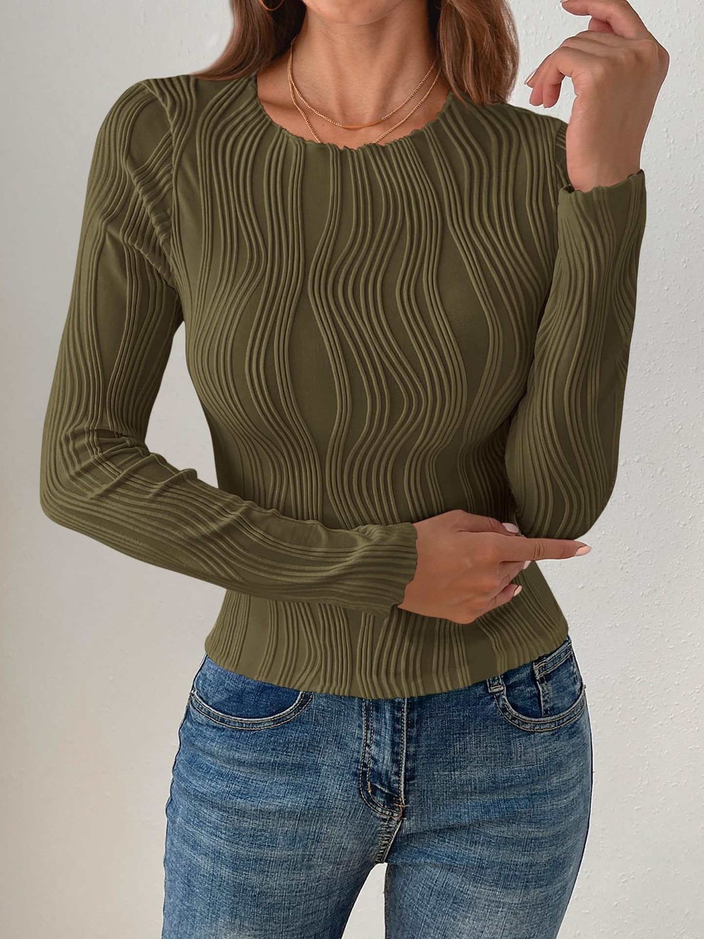 Women Striped Long Sleeve Tee T-shirt Crew Neck Jacquard Casual Spring/Fall Top