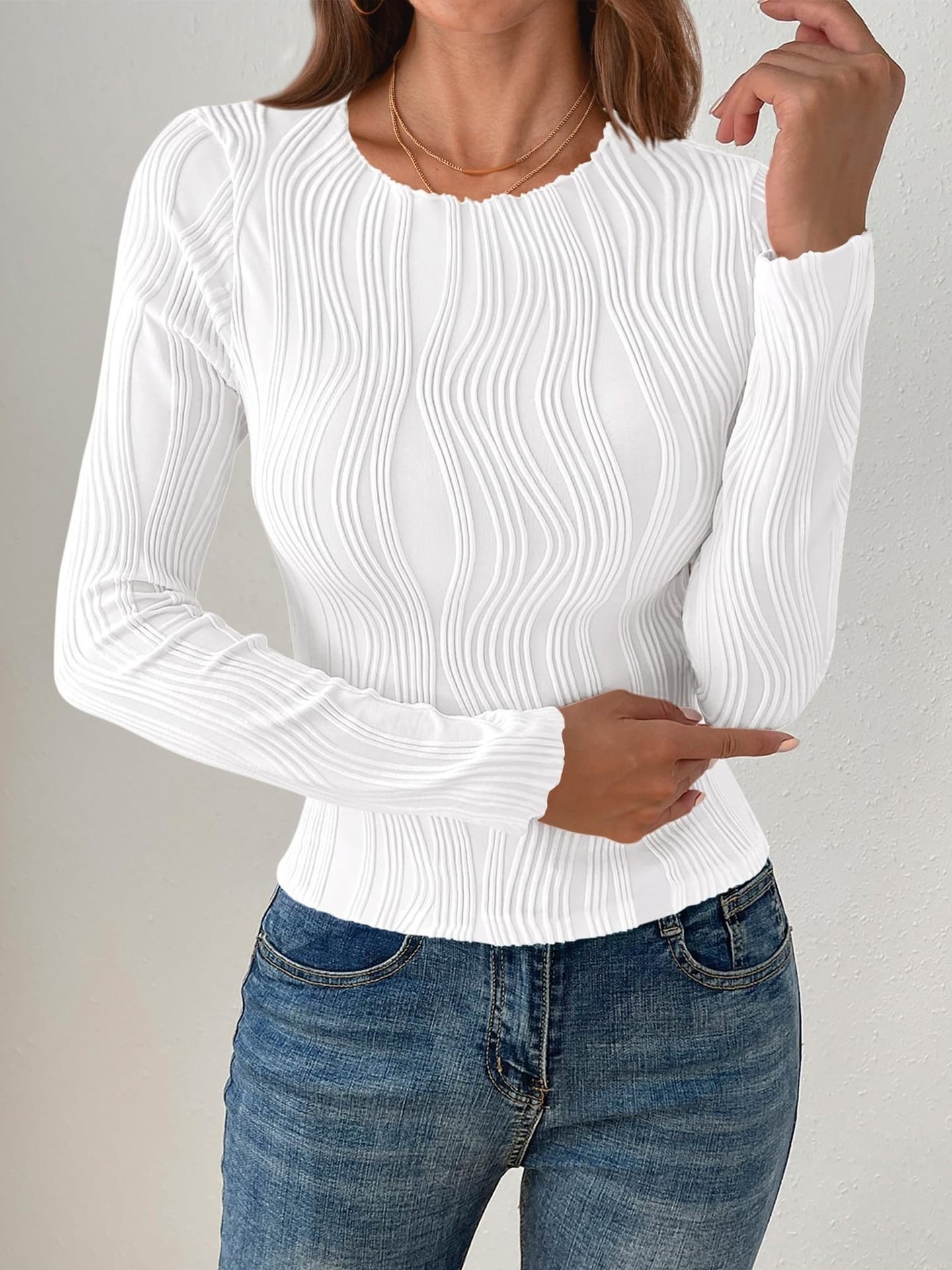 Women Striped Long Sleeve Tee T-shirt Crew Neck Jacquard Casual Spring/Fall Top