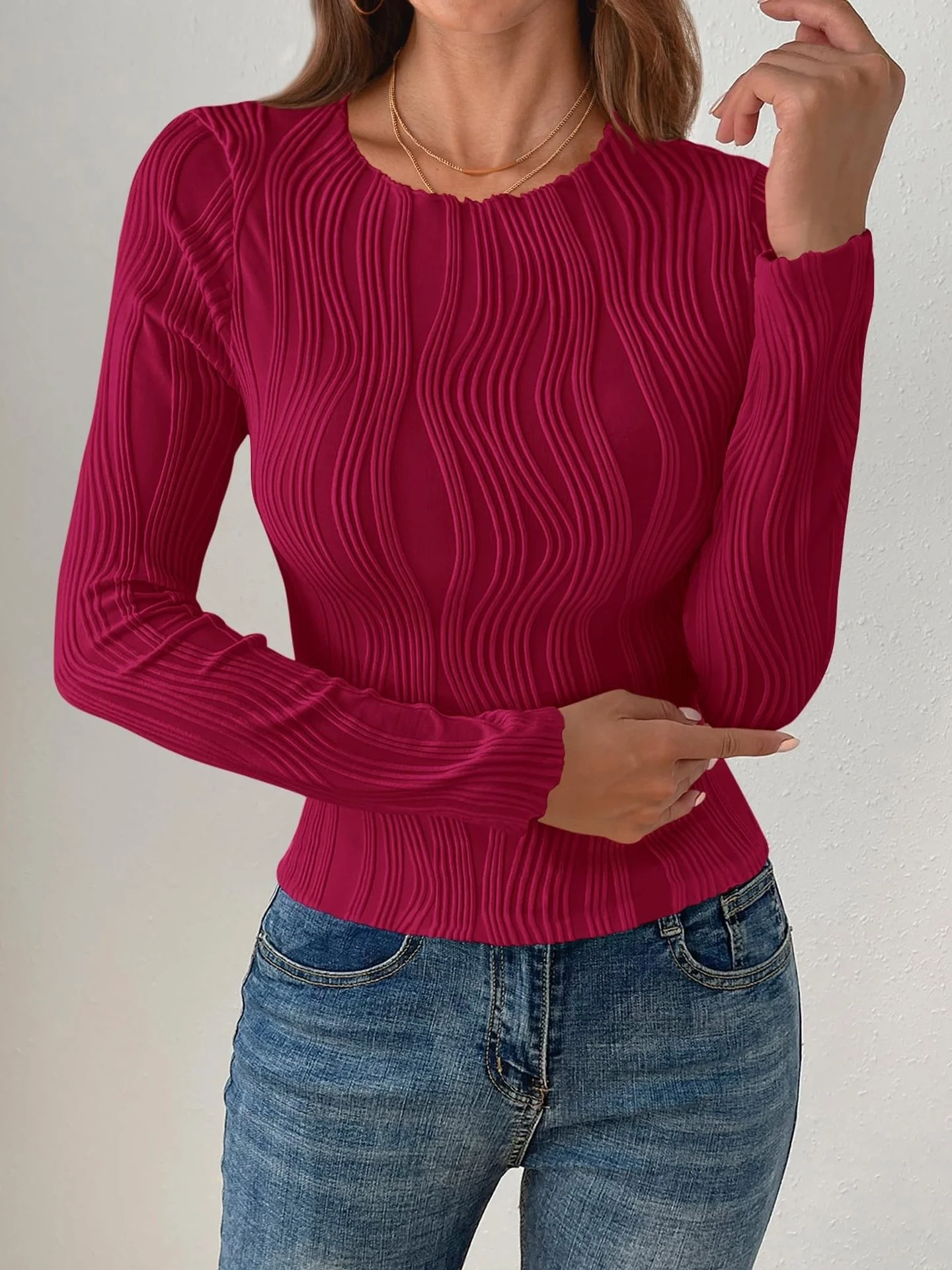 Women Striped Long Sleeve Tee T-shirt Crew Neck Jacquard Casual Spring/Fall Top