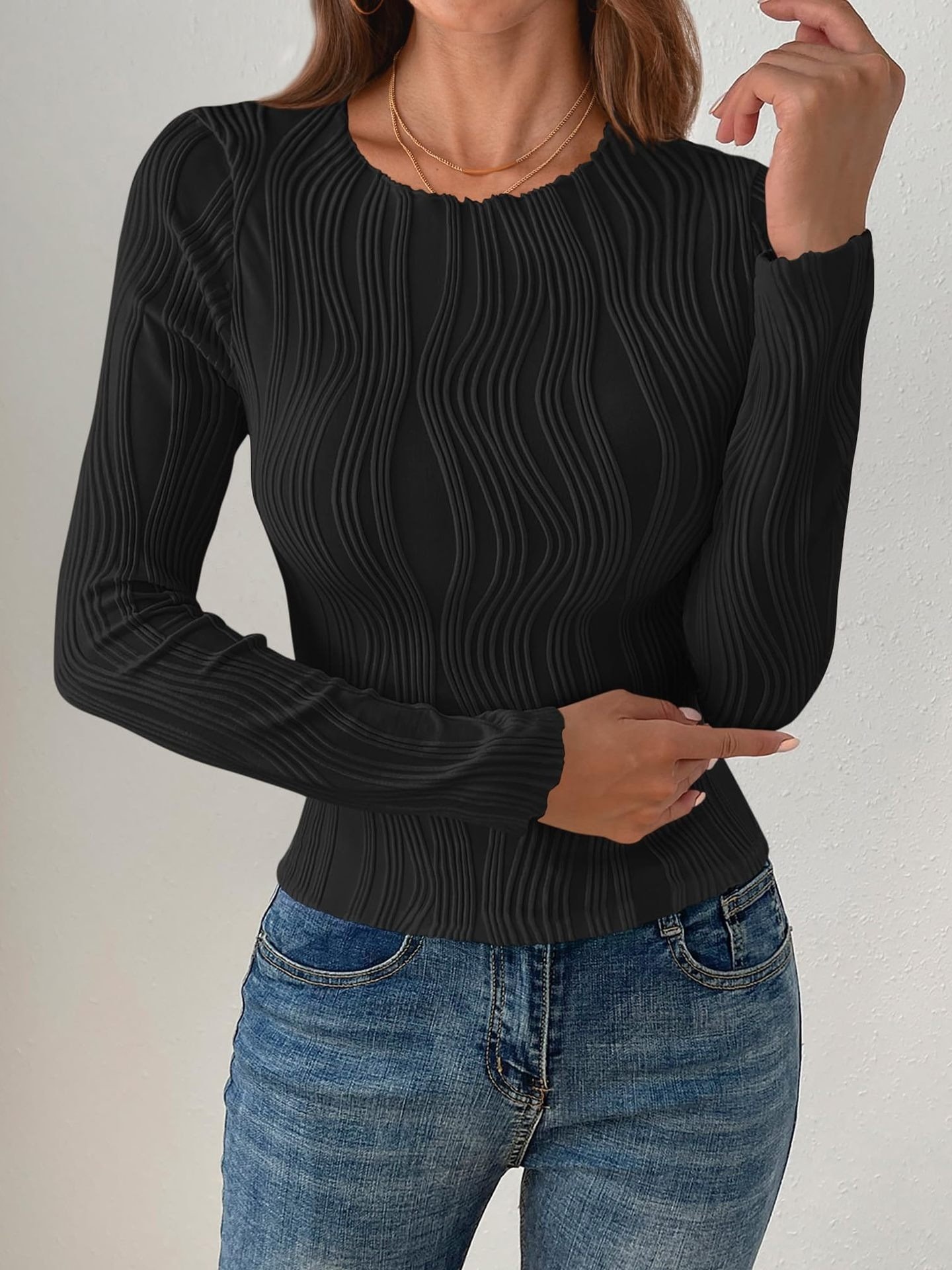 Women Striped Long Sleeve Tee T-shirt Crew Neck Jacquard Casual Spring/Fall Top