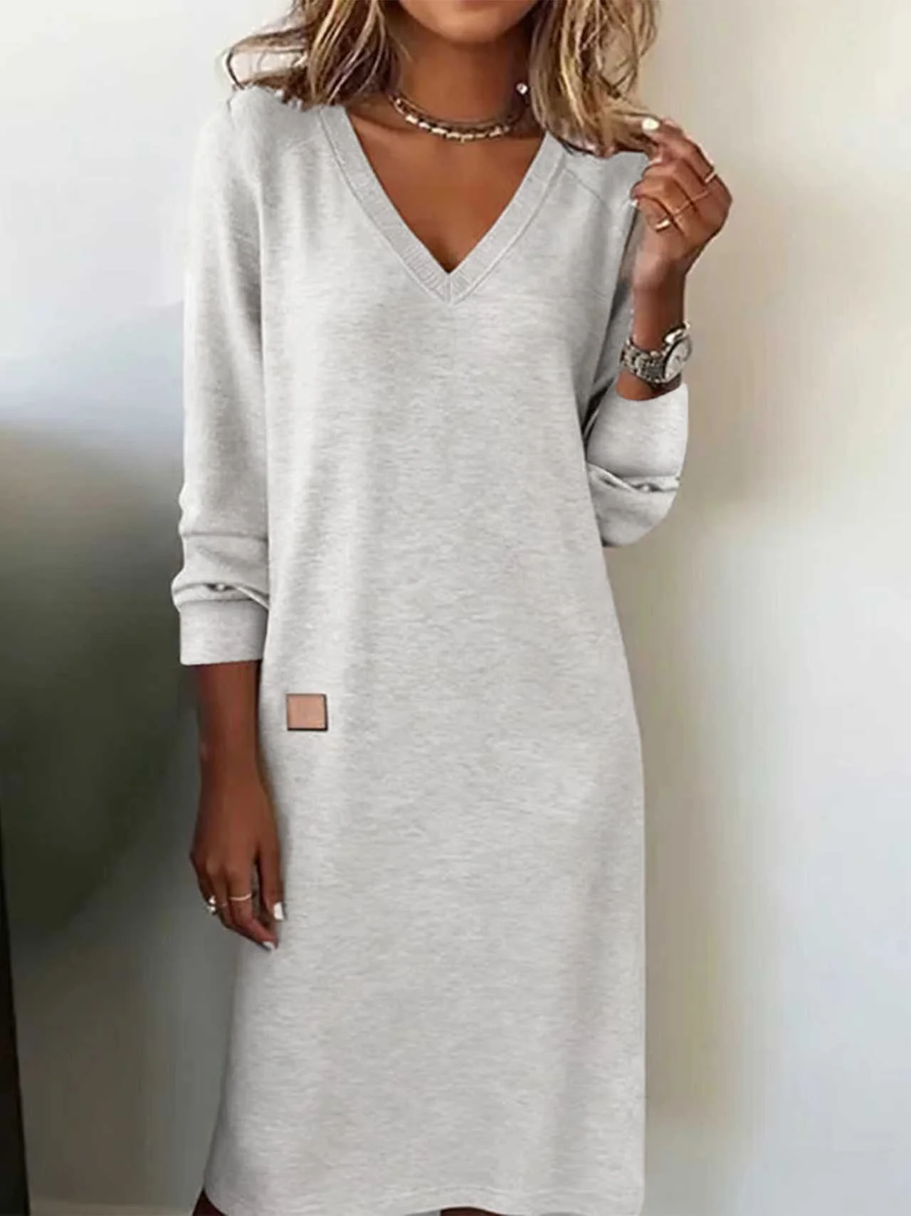 Women Plain Long Sleeve Spring/Fall Split Joint Dress V Neck Daily Casual Maxi T-Shirt Dress A-Line Dress
