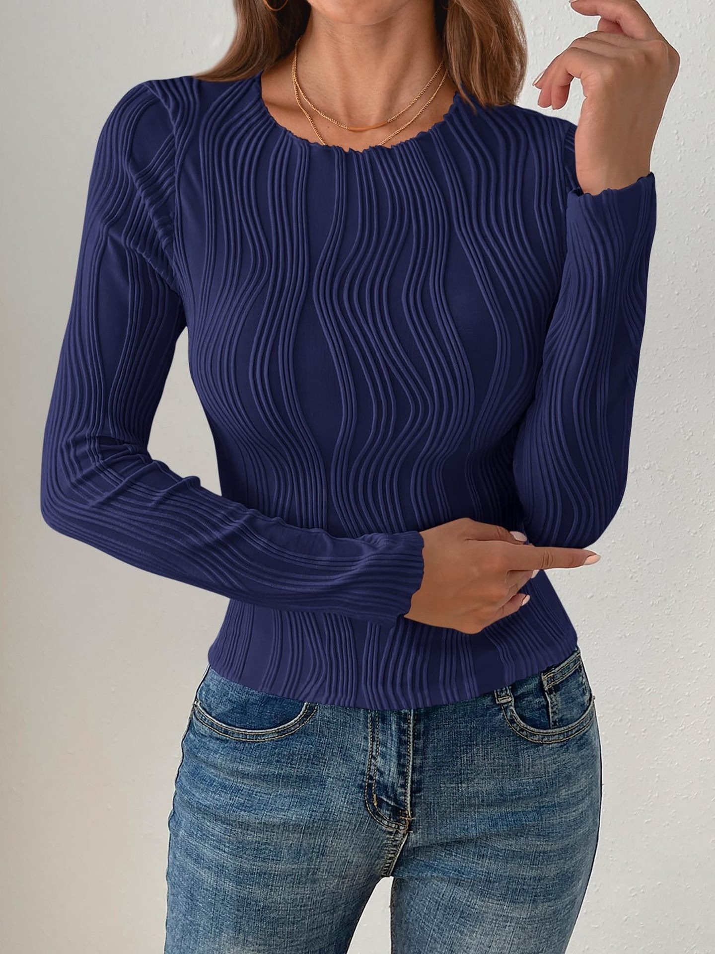 Women Striped Long Sleeve Tee T-shirt Crew Neck Jacquard Casual Spring/Fall Top